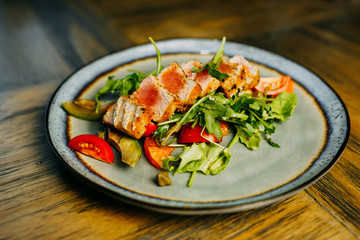 Food photo. Restaurant dishes on the wooden table.