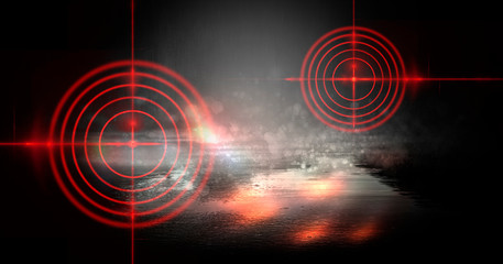 Abstract dark background with rays, laser red sight and neon light. Empty tunnel, room, basement night view of a dark room. Wet asphalt in the night city, reflection. Red neon and red laser sight. Neo