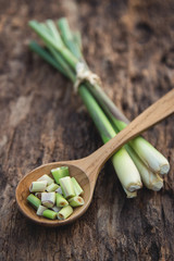 Lemon grass slices on wooden spoon for healthy eating 