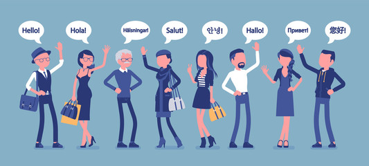 Hello greeting in languages and group of people. Friendly men and women from different countries saying hi, word of recognition, hand sign of welcome. Vector illustration, faceless characters