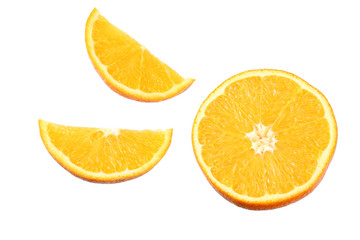 orange with slices isolated on white background. healthy food. top view