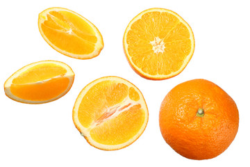 orange with slices isolated on white background. healthy food. top view
