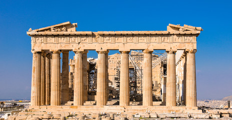 Athens, Greece - March 14, 2017: Eastern facade of the Parthenon temple on the Acropolis of Athens, Greece.
