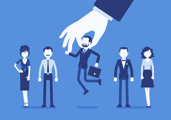 Candidate selection from group of employees. Giant hand takes corporate election choosing small person, toy man chosen in team, singled out for special skill. Vector illustration, faceless characters