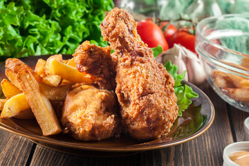 Crispy fried kentucky chicken legs with french fries