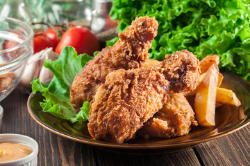 Crispy fried kentucky chicken legs with french fries