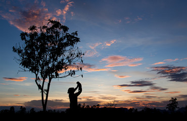 Silhouette of farmer looking at sky with light in evening 