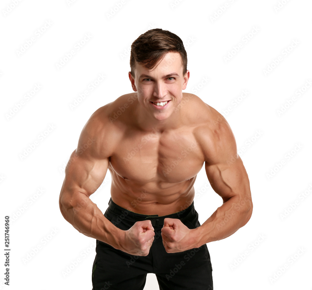 Sticker muscular bodybuilder on white background