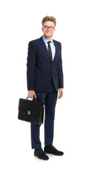 Handsome businessman with stylish briefcase on white background