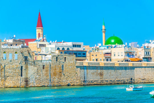Cityscape of Akko dominated by Al Jazzar mosque and terra sancta church, Israel