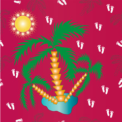 Vector seamless pattern with sun,palms and footprints