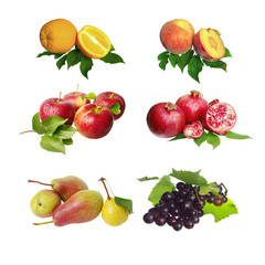 Set of a variety of fruits on white. Grapes, peaches, orange, pomegranate, pears, plums. Isolated on white.