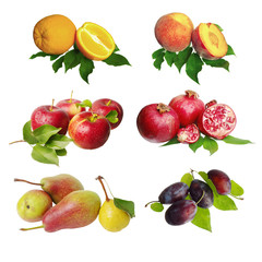 Set of a variety of fruits on white. Grapes, peaches, orange, pomegranate, pears, plums. Isolated on white.