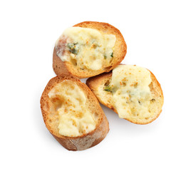Sliced bread with cheese and garlic on white background