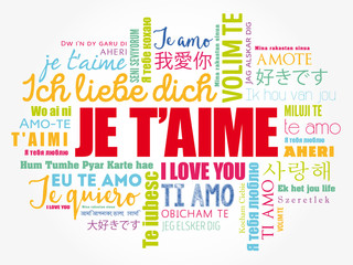 Je t’aime (I Love You in French) in different languages of the world, word cloud background