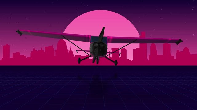 Retro futuristic abstract background with plane made in 80s style. Abstract background with neon grids and city silhouette in vintage style. 3d render