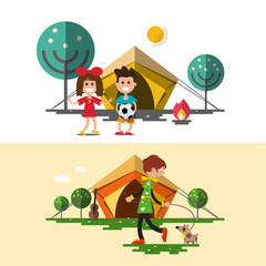 Outdoors Camping Vector Design with Tent, Children, Fire and Woman with Dog