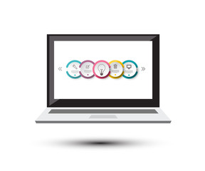 Notebook Icon with Infographic Elements on Screen. Vector Laptop Symbol with Circle Infographic Labels on Display.
