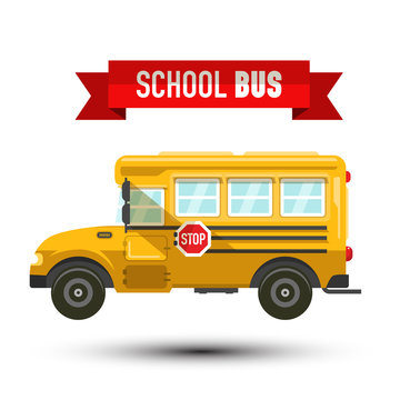 Yellow School Bus Vector IconIsolated on White Background. Car Symbol with Stop Sign.