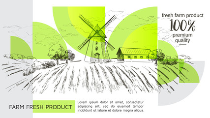 Rural dutch landscape with windmill and wheat field. Set of traditional windmill. Bakery shop, organic agricultural production, ecological food. Vector hand drawn vintage engraved sketch. - Vector