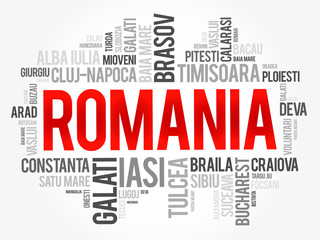 List of cities in Romania word cloud collage, business and travel concept background
