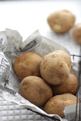 白いタイルの上で新聞紙に包まれて保存してるジャガイモ