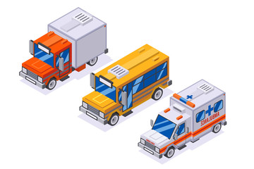 Isometric automobile van transportation school buss ambulance delivery truck 3d retro lowpoly cars isolated on white icons set flat design vector illustration