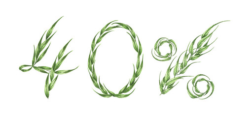 40% text, Forty percent from green leaves, Green percent,&nbsp;isolated on white background. Watercolor illustration.