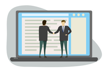 Business negotiations,male handshake,businessmen standing on laptop