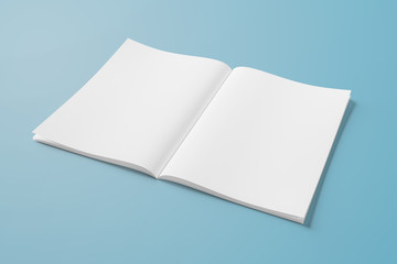 Isolated white open magazine mockup on blue 3D rendering