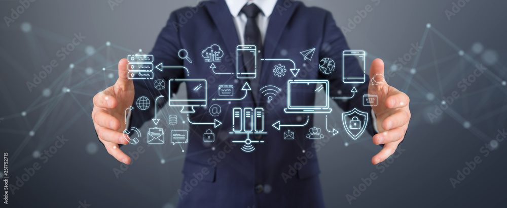 Wall mural businessman using tech devices and icons thin line interface