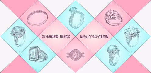 Diamond Rings New Collection. Pencil drawing of rings with precious stones on a white background with colored rhombuses. Isolated illustration for ads, fluers, web site sale elements design.