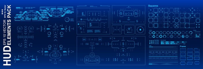 HUD elements mega set pack. Dashboard blue display virtual reality technology screen. Futuristic blue user interface.