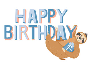 Cute happy birthday card with sloth. Happy lazy sloth with gift. Vector illustration. © CoCoArt_Ua