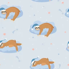 Wall murals Sloths Seamless pattern with cute lazy sloths. Animals sleeping on a cloud. Vector background for textile, postcard, wrapping paper, cover, t-shirt.