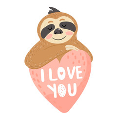 Valentine's day card with sloth in love. Text “I love you”. Vector illustration on white background.