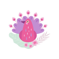 Pink Peacock Bird, Symbol of Spring Vector Illustration