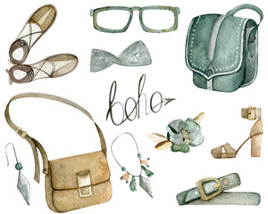 Watercolor set of bohemian accessories and clothes