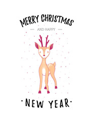 Merry Christmas and happy New Year greeting card. Cute baby deer.