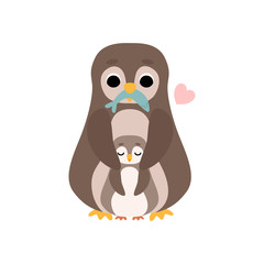 Mother Penguin and Its Baby, Cute Birds Family Vector Illustration