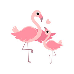 Beautiful Mother Flamingo and Its Baby, Cute Exotic Birds Family Vector Illustration