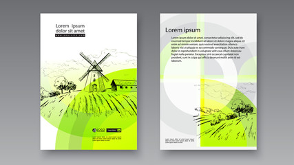 Rural dutch landscape with windmill and wheat field. Set of traditional windmill. Bakery shop, organic agricultural production, ecological food. Vector hand drawn vintage engraved sketch. - Vector