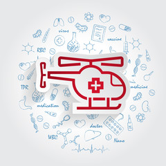 Medical helicopter button on handdrawn healthcare doodles background. Vector icon