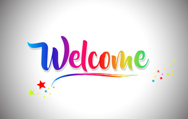Welcome Handwritten Word Text with Rainbow Colors and Vibrant Swoosh.