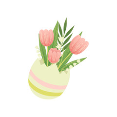 Bouquet of Tulips in Vase, Hello Spring Floral Design Template Vector Illustration