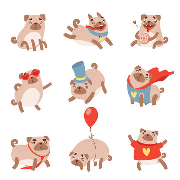 Funny Pug Dog Set, Cute Pet Animal Character in Different situations Vector Illustration