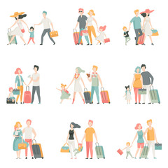 Family travel Set, Father, Mother and Kids Characters Travelling Together, Happy family Vector Illustration