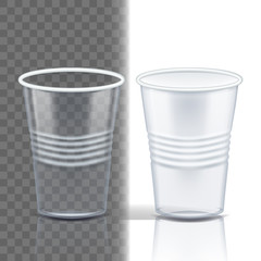 Plastic Cup Transparent Vector. Graphic Brand. Drink Mug. Disposable Tableware Clear Empty Container. Cold Or Hot Takeaway Drink. Isolated 3D Realistic Illustration