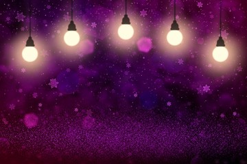 Fototapeta na wymiar nice shining glitter lights defocused bokeh abstract background with light bulbs and falling snow flakes fly, holiday mockup texture with blank space for your content