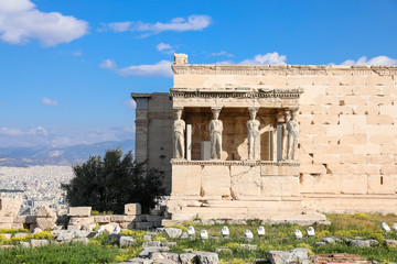Erechtheion Temple with Caryatid Porch on the Acropolis of Athens, Greece. World heritage ancient...